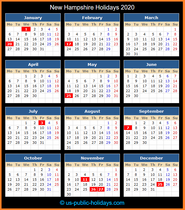 New Hampshire Holiday Calendar 2020